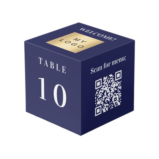 Tabelnummer QR-codemenu blauw bedrijf logo Kubus (Voorkant hoekig)