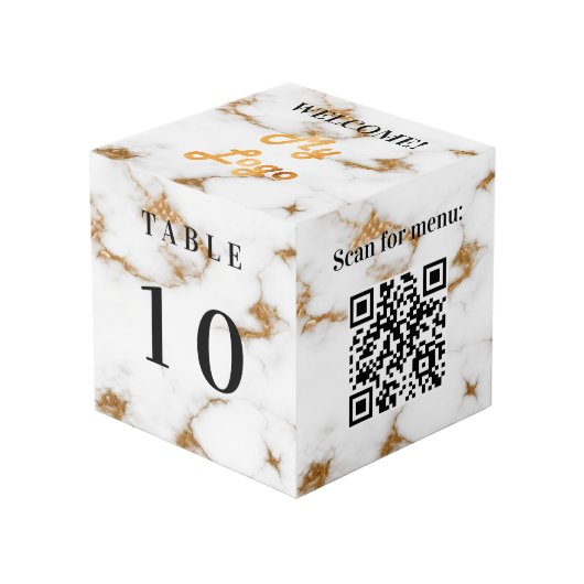 Tabelnummer QR-codemenu marmer business logo Kubus (Voorkant hoekig)