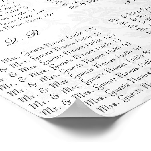 Tabelnummers van de Damaskastrooster - alfabetisch Poster (Hoek)