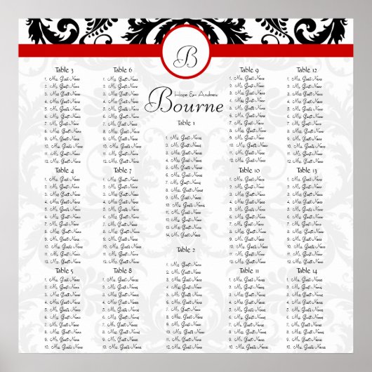 Tabelnummers zwarte Damaserrode versierkaart Poster (Voorkant)