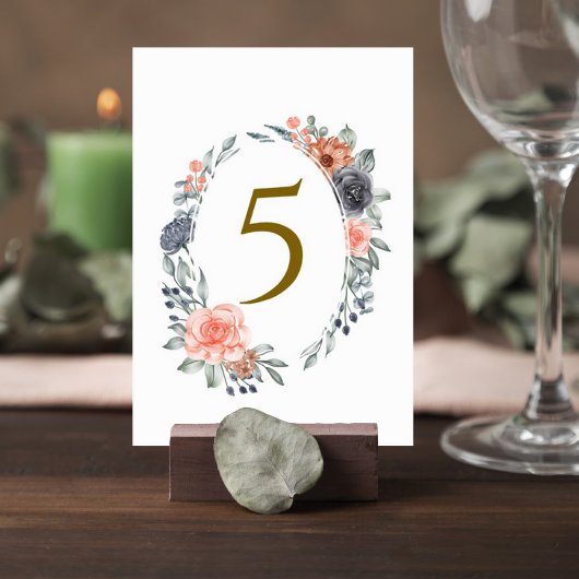 Table Number Card with Soft Peach & Blue Flowers Kaart