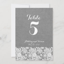 Table number rustic wedding - gray burlap and lace kaart