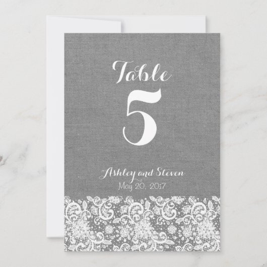 Table number rustic wedding - gray burlap and lace kaart (Voorkant)