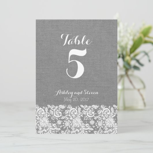 Table number rustic wedding - gray burlap and lace kaart (Staand voorkant)