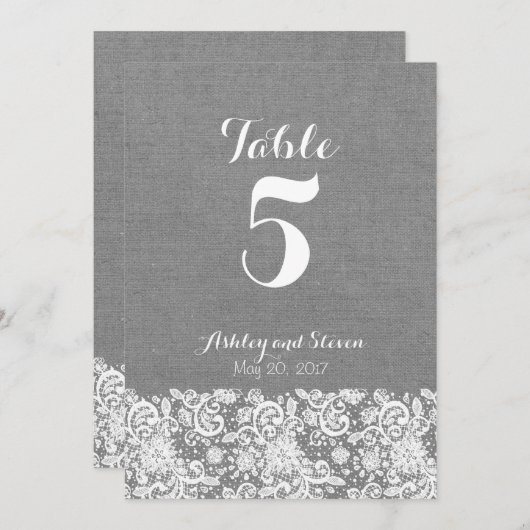 Table number rustic wedding - gray burlap and lace kaart (Voorkant / Achterkant)