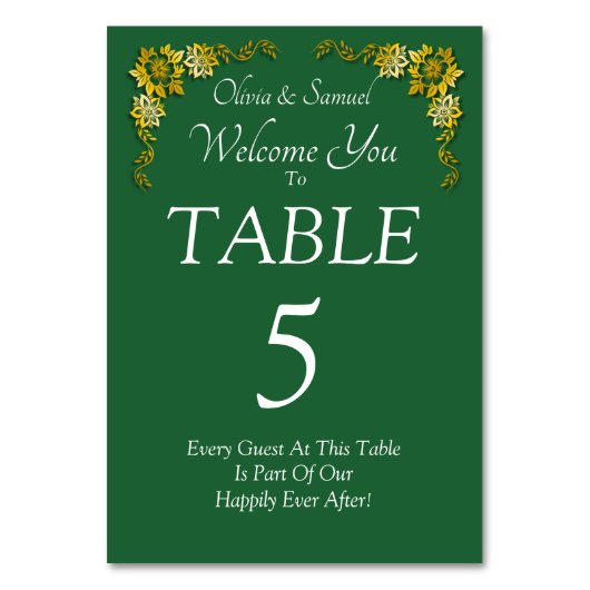 Table Number - with Welcome Message  Emerald Green Kaart (Voorkant)