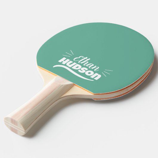 Table Tennis Player - White Name on Teal Blue Tafeltennisbatje (Voorkant Gekanteld)