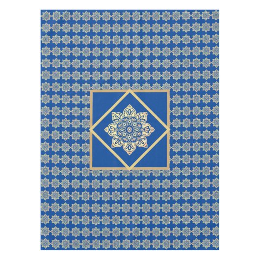 Tablecloth met gouden medaillons op blauw tafelkleed (Voorkant)