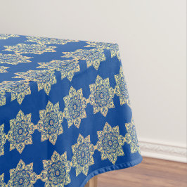 Tablecloth met gouden medaillons op blauw tafelkleed