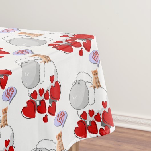Tablecloth White Sheep Red Hearts Kitten Tafelkleed (Voorbeeld)
