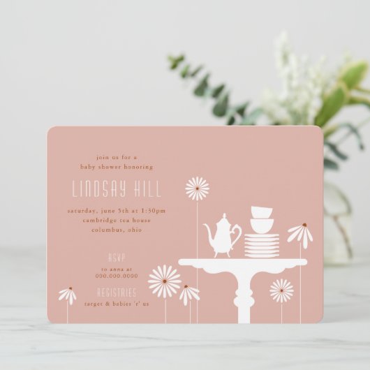Tabletop Tea Floral Baby shower Invitation Kaart (Staand voorkant)
