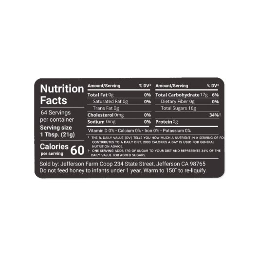 Tabular Honey Nutrition Facts Jet Black Etiket (Voorkant)
