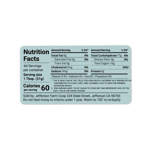 Tabular Honey Nutrition Facts Turquoise Product Etiket (Voorkant)