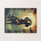 Tachshund in het bos tijdens zonsondergang legpuzzel (Horizontaal)