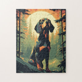 Tachshund in het bos tijdens zonsondergang legpuzzel