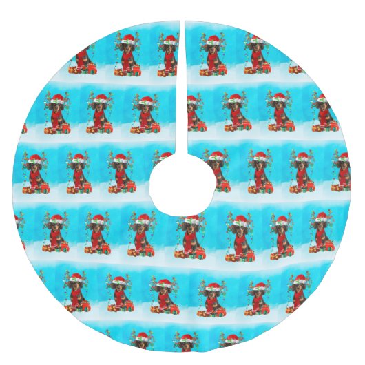 Tachshund in sneeuw met kerstcadeaus kerstboom rok (Voorkant)