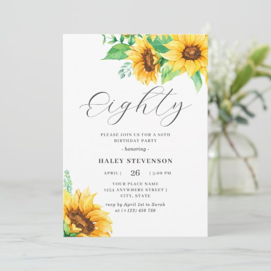 Tachtig Chique Geel Zonnebloem Bloemen 80e Verjaar Kaart (Staand voorkant)
