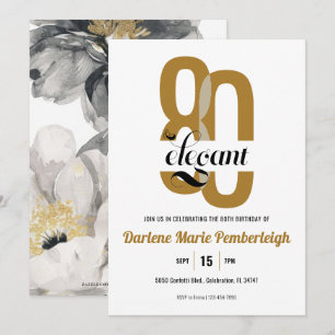 Tachtig & Elegant Goud Zwart Bloemen 80ste Verjaar Kaart