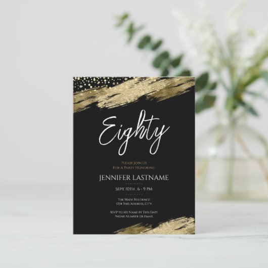 Tachtig Elegant Script Zwart en Goud Verjaardag Kaart (Staand voorkant)