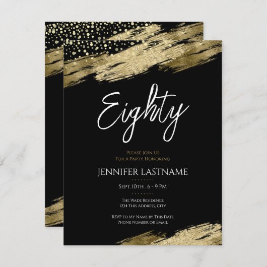 Tachtig Elegant Script Zwart en Goud Verjaardag Kaart (Voorkant / Achterkant)