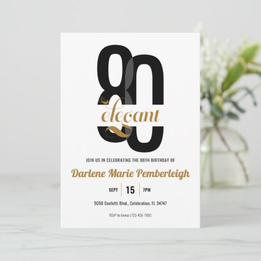 Tachtig & Elegant Zwart Goud Bloemen 80ste Verjaar Kaart (Staand voorkant)