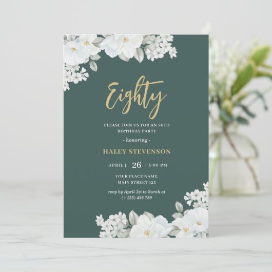 Tachtig Emerald Groen & Goud Wit Bloemen Verjaarda Kaart (Staand voorkant)