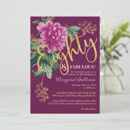 Tachtig & Fabulous Roze Pioen Verjaardag Kaart (Staand voorkant)