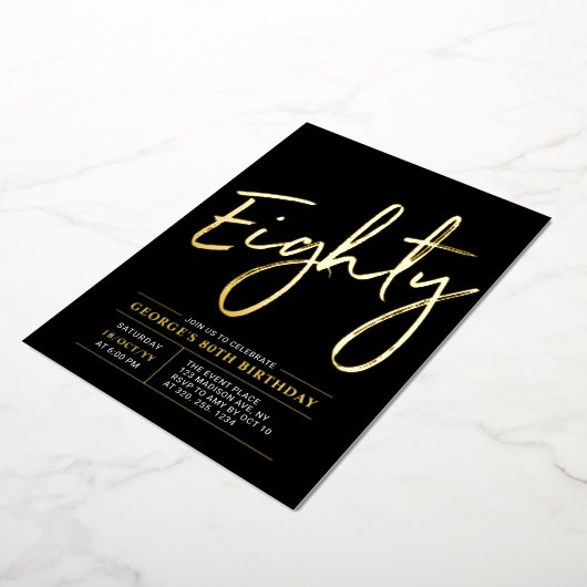 tachtig | Modern Goud & Zwart 80ste verjaardagsfee Folie Uitnodiging (Gedraaid)