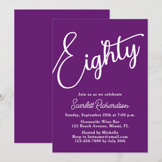Tachtig Modern Schrift Herfst Paars 80ste Verjaard Kaart (Voorkant / Achterkant)