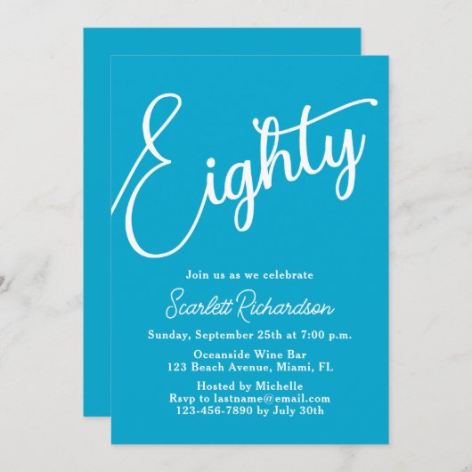 Tachtig Modern Script Aqua Blue 80ste verjaardagsf Kaart (Voorkant / Achterkant)