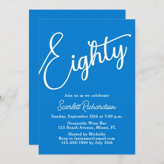 Tachtig Modern Script Blauw 80ste Verjaardagsfeest Kaart (Voorkant / Achterkant)