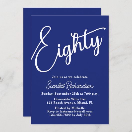 Tachtig Modern Script Marine Blauw 80ste Verjaarda Kaart (Voorkant / Achterkant)