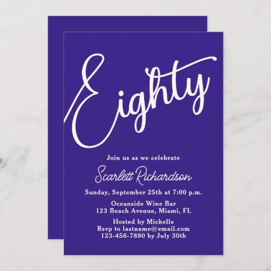 Tachtig modern script Paarse 80ste verjaardagsfees Kaart (Voorkant / Achterkant)