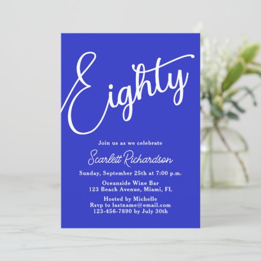Tachtig Modern Script Royal Blue 80ste verjaardag Kaart (Staand voorkant)