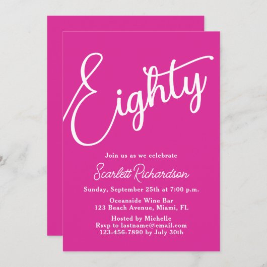 Tachtig Modern Script Roze 80ste Verjaardagsfeestj Kaart (Voorkant / Achterkant)