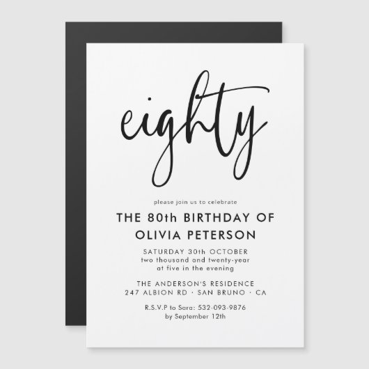 tachtig | Moderne 80e zwart-wit verjaardagsfeest Magnetische Uitnodiging (Voorkant / Achterkant)