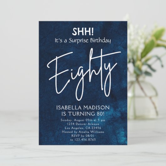 tachtig | Navy Blue 80e verjaardag Verrassingsfees Kaart (Staand voorkant)
