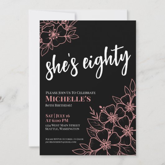 Tachtig zwart Roos Goud Roze 80ste Verjaardagsfees Kaart (Voorkant)