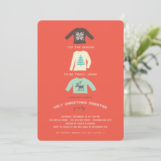 Tacky en Ugly Christmas Sweater Holiday Party Kaart (Staand voorkant)
