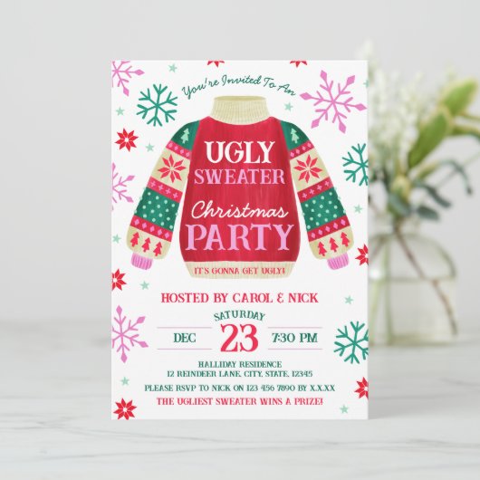 Tacky Feestelijke Lelijke Trui Party Rood en Groen Kaart (Staand voorkant)