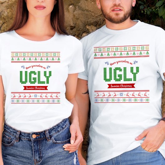 Tacky Kerstmis Nordic Knit Pattern Red Ugly T-shirt