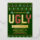 Tacky Ugly Sweater kerstparty Green Real Gold Folie Uitnodiging (Voorkant)