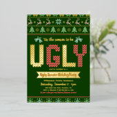 Tacky Ugly Sweater kerstparty Green Real Gold Folie Uitnodiging (Staand Voorkant)