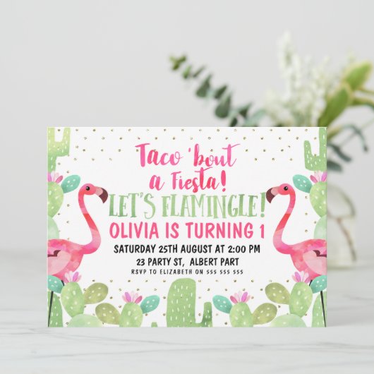 Taco 'About A Fiesta Flamingos Verjaardag Uitnodig Kaart (Staand voorkant)