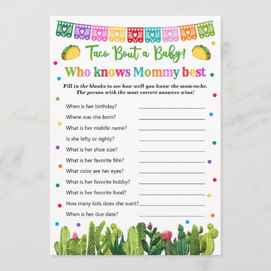 Taco Baby shower Wie kent mama beste spel Advieskaart (Voorkant)
