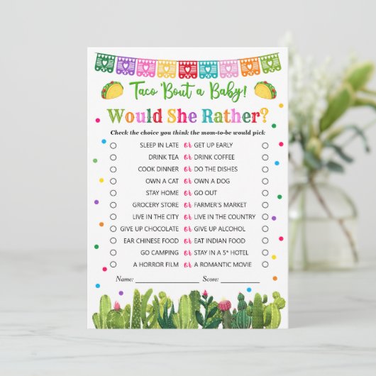 Taco Baby shower zou ze liever spel, Taco Bout Advieskaart (Staand voorkant)
