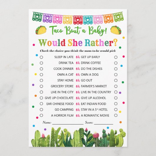 Taco Baby shower zou ze liever spel, Taco Bout Advieskaart (Voorkant)