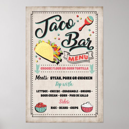 Taco Bar Menu Feestbordje Poster (Voorkant)