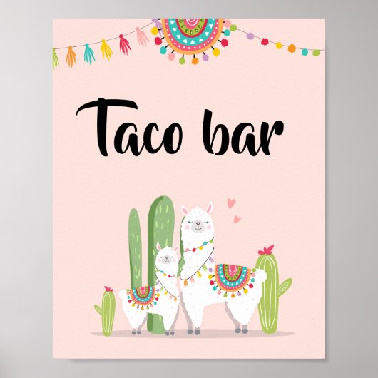 Taco Bar Snack Fiesta Llama Baby shower Table Sign Poster (Voorkant)