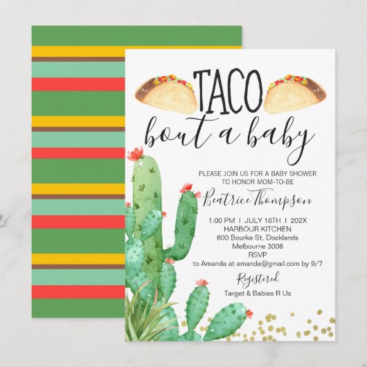 Taco Bout A Baby Cactus Baby shower Invitation Kaart (Voorkant / Achterkant)